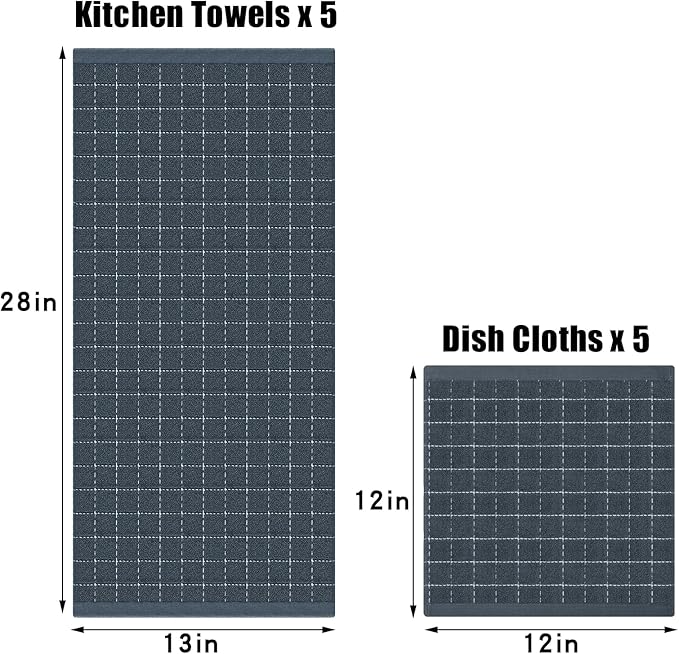 Homaxy Kitchen Towels and Dishcloths Set, 12 x 12 and 13 x 28 Inches, Set of 10 Bulk Cotton Terry Kitchen Towels Set, Checkered Designed, Soft and Super Absorbent Dish Towels, Dark Grey
