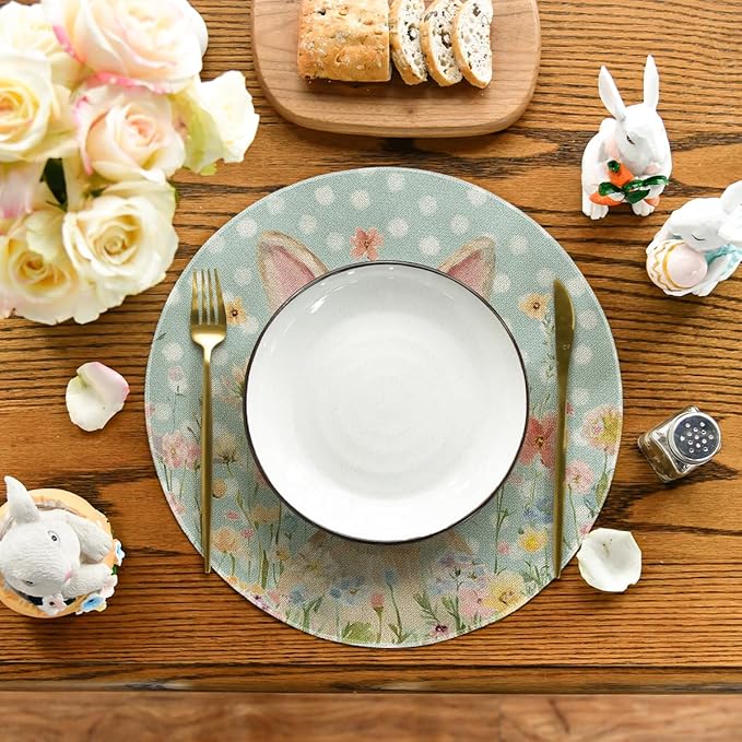 Artoid Mode Blue Bunny Polka Dot Easter Placemats Set of 4, 14 Inch Round Seasonal Spring Holiday Table Mats for Party Kitchen Dining Decoration