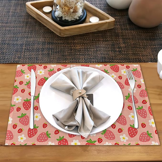 Red Strawberry Placemats for Dining Table Set of 6,Cute Flowers Place Mats for Home Party Kitchen Indoor Holiday Rustic Washable Heat Resistant Table Mats 12 x 18 Inch