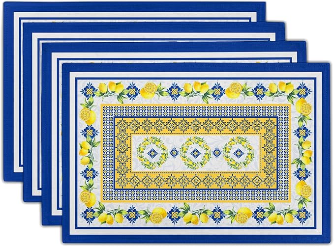 Lemon Summer Table Placemats for Dining 12 x 18 Inch Set of 4，Blue Yellow Boho Heat-Resistant Washable Table Non-Slip Rectangle Place Mat for Seasonal Party Kitchen Dining Table Decor