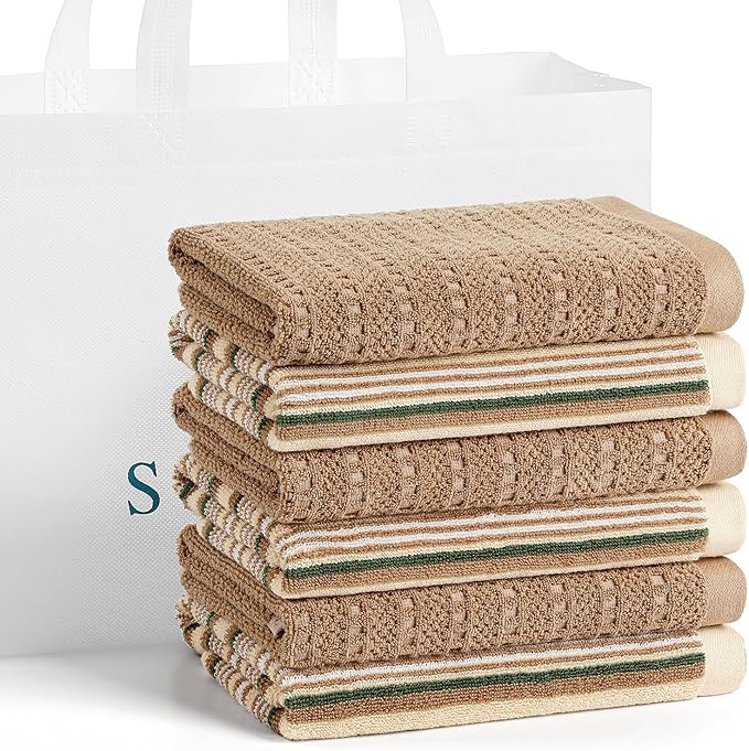 Kitchen Dish Towels for Drying Dishes, Large Cotton Kitchen Towels, Stripped Terry Dish Cloths, Thick Highly Absorbent Towel Sets with Hanging Loop, 16" X 26", 6 Packs,Beige and Solid Color