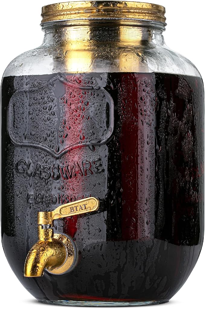 BTaT- 1 Gallon Cold Brew Coffee Maker, Thick Glass Pitcher with Stainless Steel Filter, Lid & Spigot, Iced Coffee & Sun Tea Brewer, Large Mason Jar Cold Brew Container, Fast Iced Tea Maker for Fridge