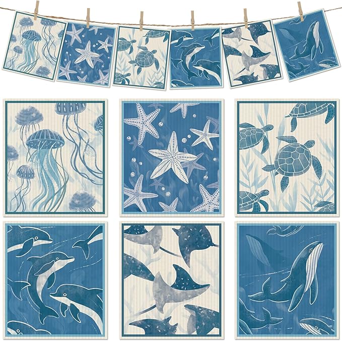 6 Packs Swedish Paper Cloths for Kitchen, Reusable Paper Towels Washable Dish Rags, Highly Absorbent Kitchen Towels Quick Drying Swedish Sponge Cleaning Dish Cloths(Deep Blue Sea Creatures)