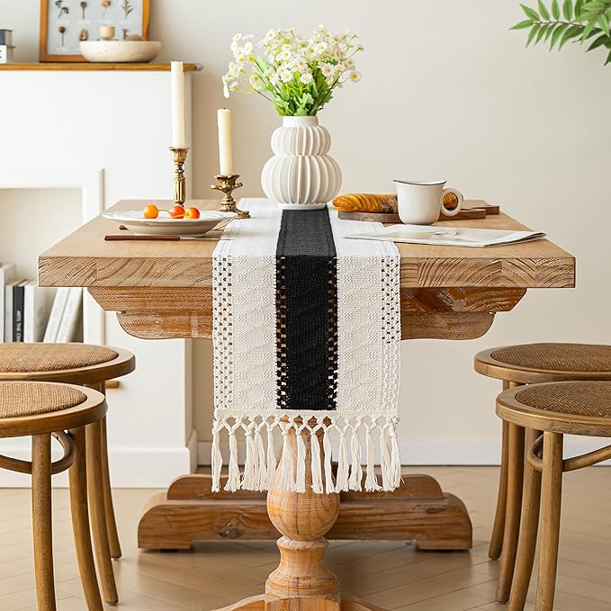 FEXIA Boho Table Runner for Home Decor with Tassels 60 Inches Long,Black Farmhouse Rustic Table Runner Macrame Burlap Table Decoration for Living Room Bridal Shower(12x60 Inches)