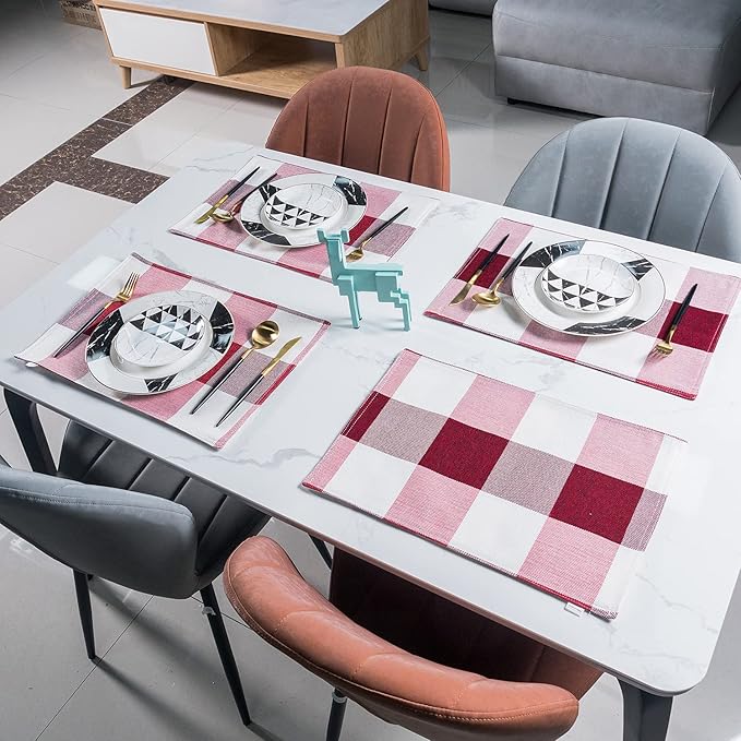 Burgundy Red White Buffalo Plaid Placemats 13 x 19 Inches Set of 4,Linen Checkered Double Layer Placemat Decorative Kitchen Table Mats,Waterproof Heat Resistant Durable Cloth Place Mats