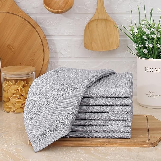 Homaxy 100% Cotton Dish Cloths, 8 Pack - 12 x 12 Inches, Waffle Weave Super Soft and Absorbent Dish Towels Quick Drying Dishcloths, Light Grey