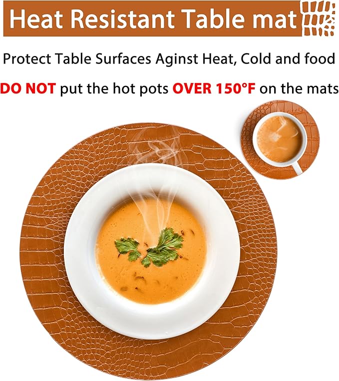 Jovono Round Leather Placemats for Round Tables Set of 8, Brown Place Mats and Coasters, Wipeable Waterproof Heat Resistant Table Mats Easy to Care for Indoor Decor 13 inch Diameter