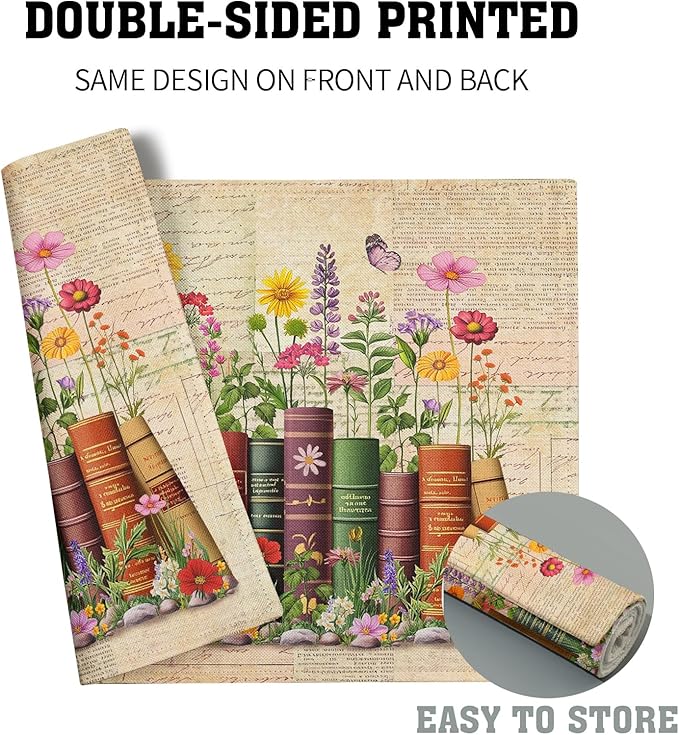 Vintage Books Linen Placemat Set of 4 Decoration Printed Place Mat for Home Table Decor