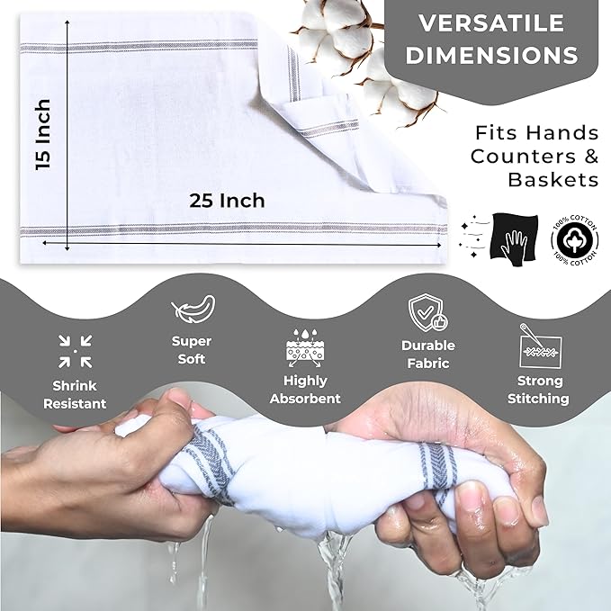 Bulk Kitchen Towels Cotton for Chefs in Commercial Restaurants - 15"X25" - 6 Pack - White Linen Tea Dish Towels - Lint Free Soft Absorbent Side Gray Striped Herringbone Weave Towles