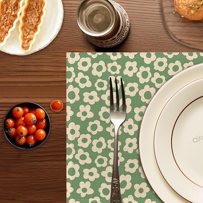 Spring Green Flower Placemats Set of 6,Washable Heat Resistant 12×18 Inch Linen Table Mats Groovy Place Mats for Party Outdoor Dining Décor
