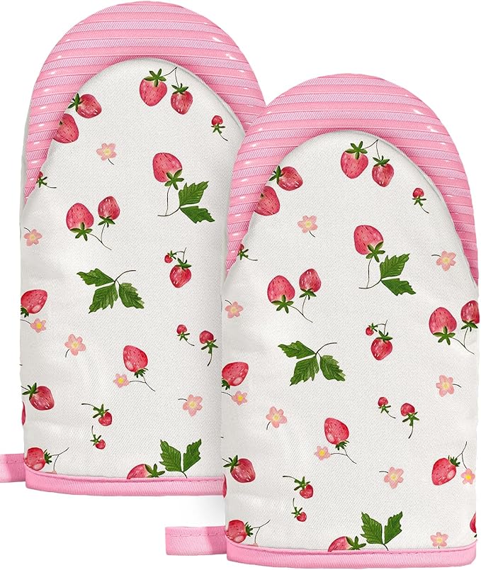 Slohif Cute Strawberry Mini Oven Mitts Set – Pink Extended Short Heat Resistant Kitchen Gloves for Women, 100% Cotton Oven Mitts with Silicone Grips, Non-Slip and Thick Durable for Cooking & Baking