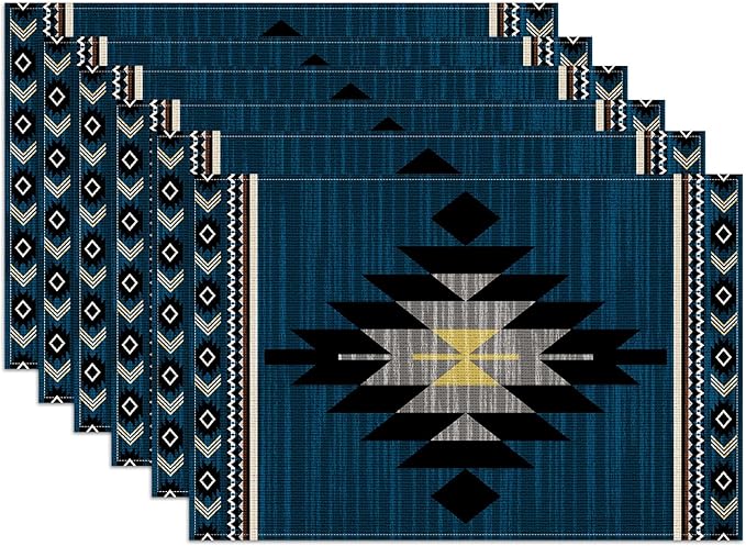 Southwestern Placemats Set of 6, Tribal Geometric Linen Place Mat Washable Stain Resistant Table Mats for Farmhouse Kitchen Dining Party Wedding Decor 12x18 Inch