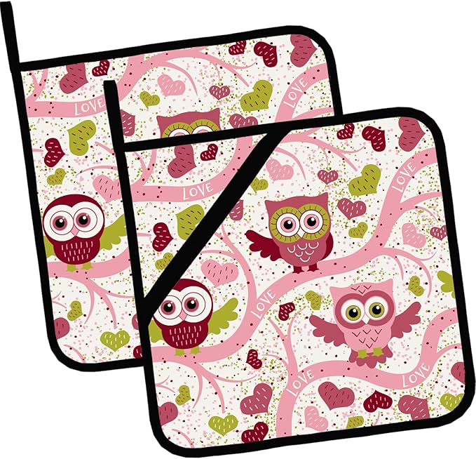 Owl Heart Pot Holders 2 PCS,Pink Branch Kitchen Heat Resistant Hot Pads for Cooking Grilling Baking BBQ, Pot Holders for Women Cook Home Microwave