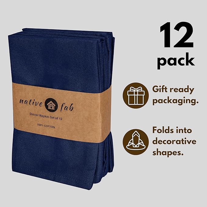 Native Fab Cloth Dinner Napkins Set of 12 Cotton 17x17 Absorbent Soft Restaurant Hotel Quality - Cocktail Napkins, Wedding Dinner Napkins - Everyday Use, Easy Care Washable - Ink Blue