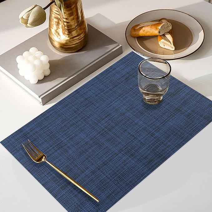 Vinyl Placemats Set of 6, PVC Woven Washable Non-Slip Table Mats, Heat Resistant Wrinkle Free Place Mats for Dining Table, Easy to Clean (6, Navy Blue)