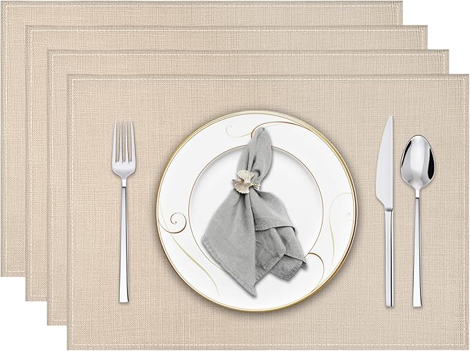 Niviy Beige Placemats Set of 4, 12x18 Inch Washable Easy to Clean Heat-Resistant Anti-Skid Beige Placemats for Holiday Party Kitchen Dining Room Decoration