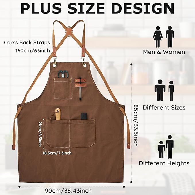Plus Size Canvas Aprons, Kitchen Chef Aprons, Unisex Heavy Duty Work Apron, Adjustable Strap Apron with Pockets