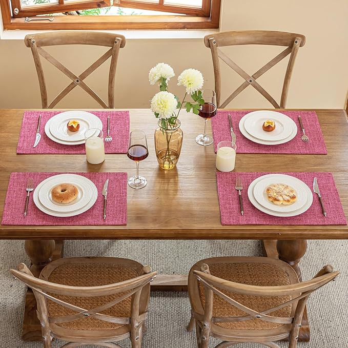 Blue Forest Placemats Set of 4, Dual-Layered Thickened Faux Linen Cloth Place Mats Heat Resistant Machine Washable Wrinkle Free Table Mats Indoor/Outdoor (Hot Pink)