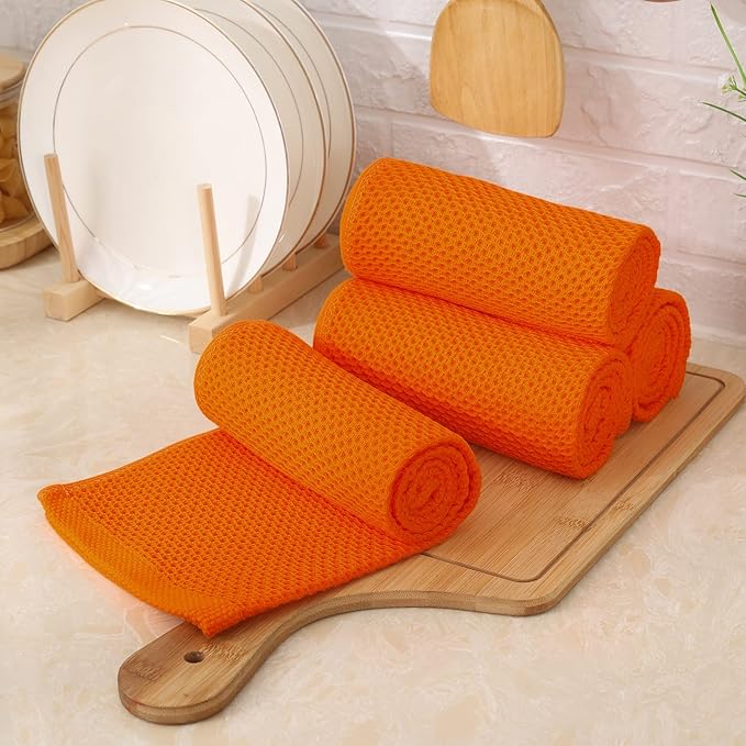 Kitinjoy 100% Cotton Waffle Weave Kitchen Hand Towels (13 x 28 Inches, Orange), 4-Pack Super Soft and Absorbent Dish Towels for Drying Dishes