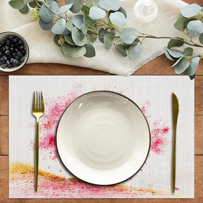 Cherry Blossom Flower Tree Placemats Set of 6,12 x 18 Inch Table Mats Washable Heat Resistant Linen Fabric Rectangle Place Mat for Party Home Kitchen Dining