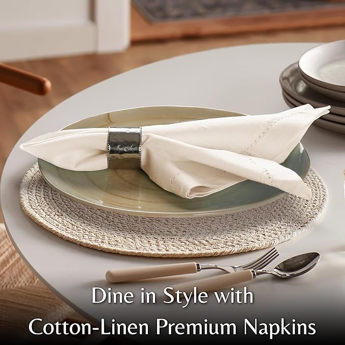 Ramanta Home Decorative Cloth Dinner Napkins Set of 4, 20x20 Inch Natural Hemstitched Flax Cotton Napkins with Mitered Corners, Oversized Use, Parties, Weddings, Spring, Easter Cloth Napkins