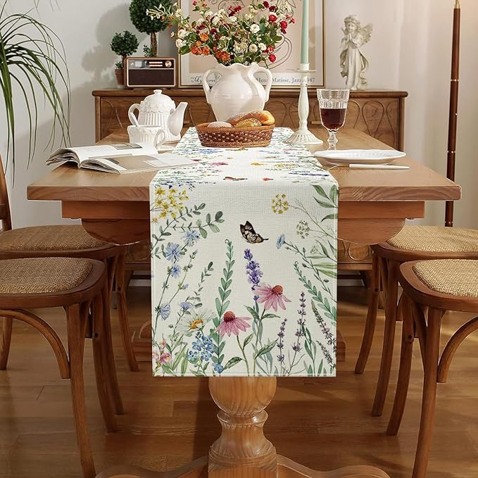 ONFAON Spring Decorations for Home,Daisy Eucalyptus Lavender Floral Leaves Summer Table Runner,Seasonal Spring Kitchen Dining Table Decoration for Home Party Decor 13x72 Inch