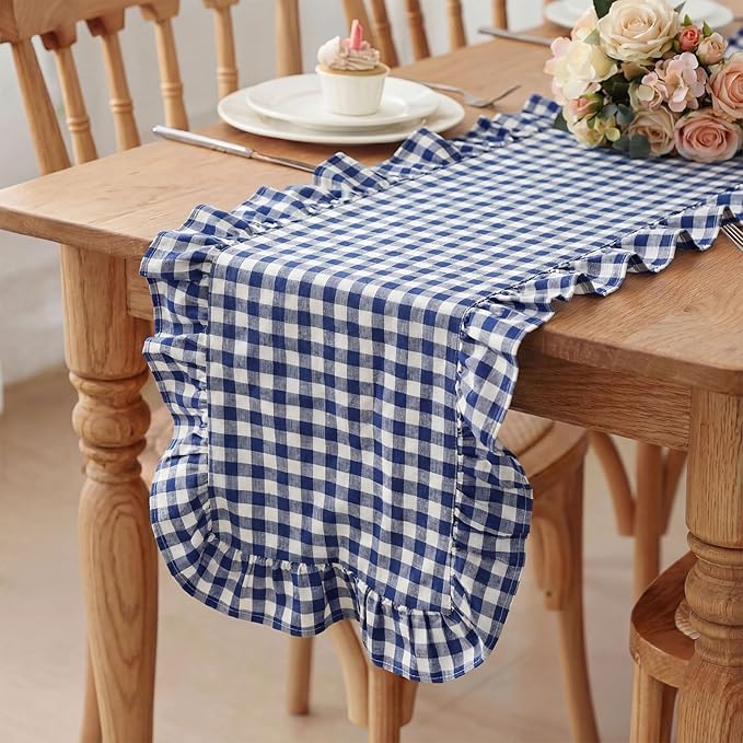 HunnmingRe 1 Pcs Navy Blue Plaid Gingham Ruffle Table Runner 118 x 13.8'' Farmhouse Table Runner 100% Cotton Scalloped Long Dresser Scarves for Dining Room, Wedding, Kitchen Rustic Home Decor