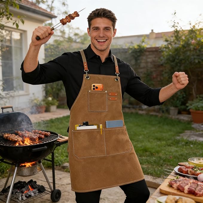 AFUN Chef Aprons for Men Women with Oversized Pockets, 16-Ounce Cotton Canvas Cross Back Heavy Duty Work Apron (Brown)