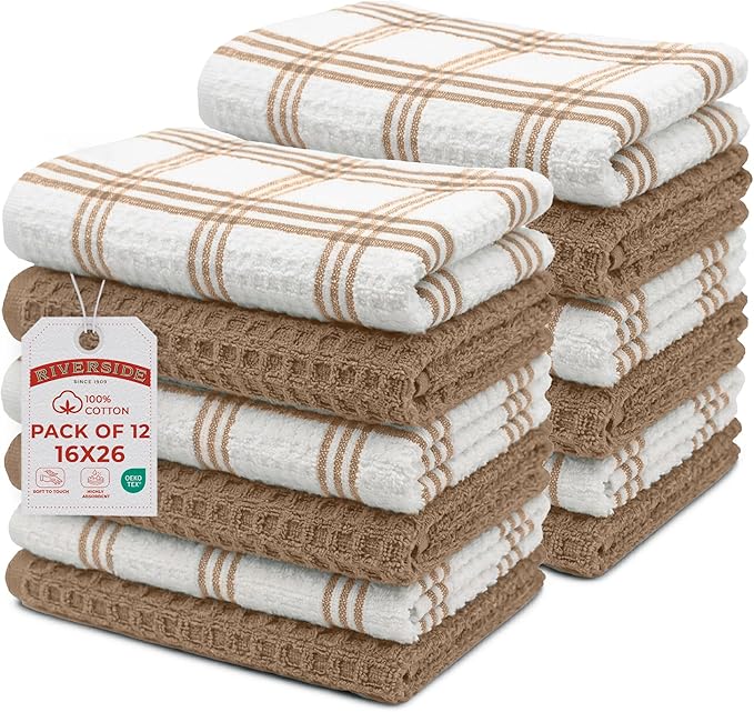 RIVERSIDE Pack of 12 Premium Kitchen Towels 16 x 26 Inches, 100% Cotton Kitchen Hand Towels, Super Soft and Highly Absorbent Dish Towels for Kitchen (Tan)