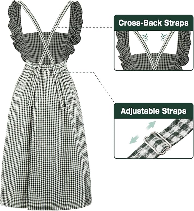 Vintage Gingham Apron for Women, Ruffle Straps, 2 Pockets, Soft Cotton, Apron Dress Style for Cooking & Baking