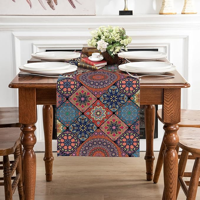 Boho Table Runner 72 Inches Long, Vintage Bohemian Seasonal Table Runners for Party Kitchen Dining Coffee Table Bedroom Dressers Indoor Outdoor, Machine Washable (Bohemian A, 13” x 72”)