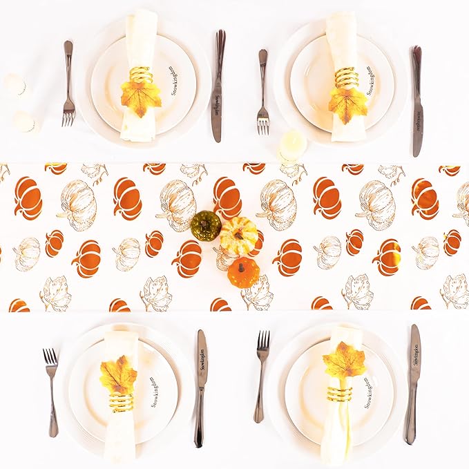 Snowkingdom Fall Orange Pumpkin Table Runner, Sequin Glitter Foil Metallic Thin Mesh Thanksgiving Runners 120", Orange Table Decorations for Seasonal Autumn Party