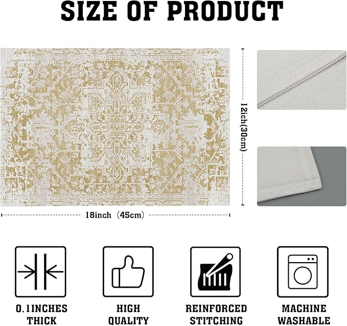aportt Gray Tan Boho Placemats Set of 6 Ethnic Bohemian Carpet Place Mats Washable Kitchen Dining Vintage Grey Geography Floral Linen Table Mats Stain Heat-Resistant for Home Party Indoor 12x18 in