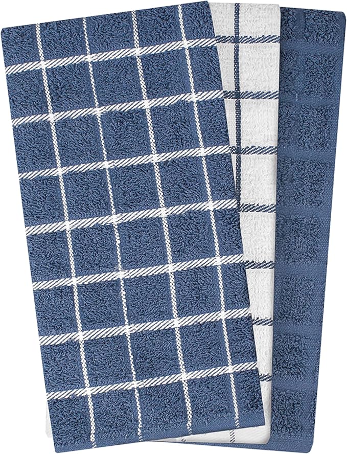 Ritz Premium 100% Cotton Terry Check Kitchen Dish Towels - Highly Absorbent, Super Soft, Long-Lasting, 25"x15", 3-Pack, Federal Blue