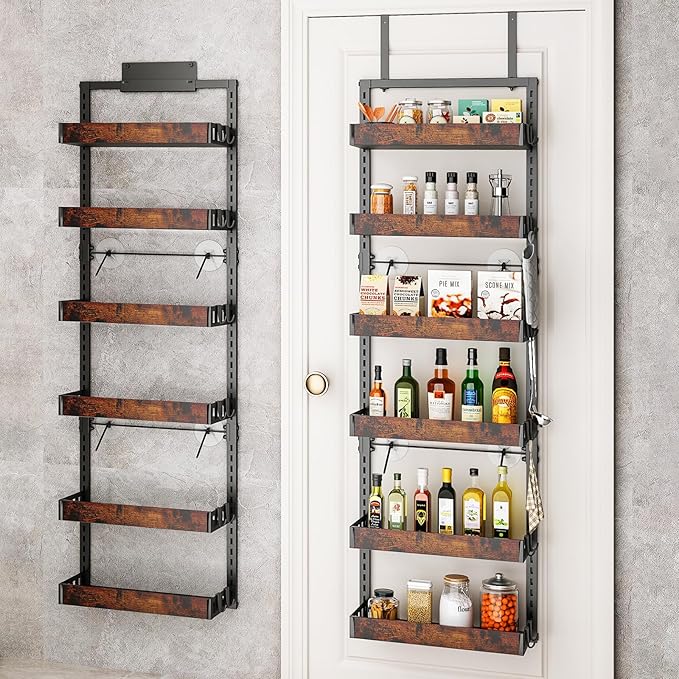 bukfen Over the Door Pantry Organizer, 6-Tier Adjustable Wooden Basket Kitchen Pantry Door Organization and Storage, Heavy-Duty Metal Hanging Kitchen Spice Rack, D6.3 x W17.71 x H50.60 inch, 1 Pack