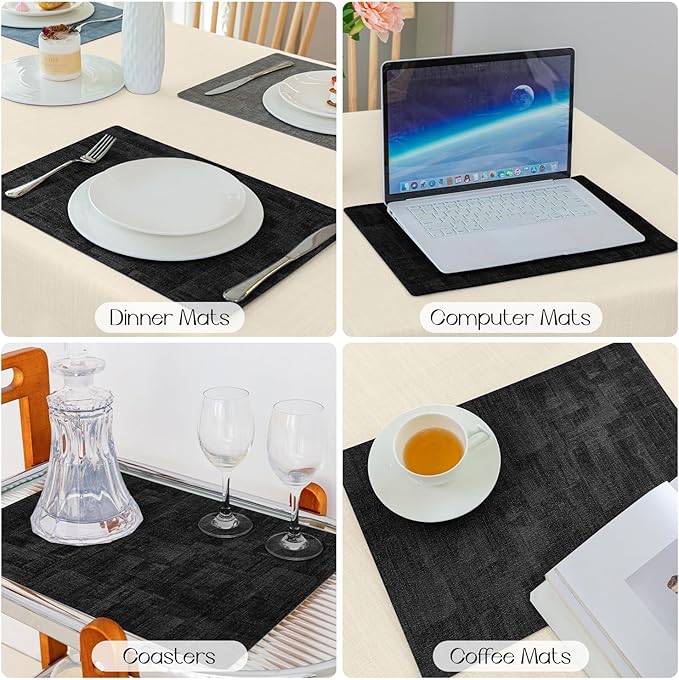 Romanstile Vinyl Placemats Set of 8-12x17 Inch, Reversible Waterproof Washable Non Slip Table Mats, Faux Leather Heat Resistant Wipeable Table Placemats for Dining/Party/Indoor/Outdoor, Grey-Black
