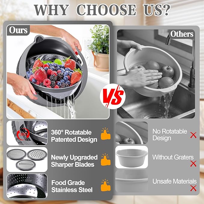 4-1 Colander with Lid Set - Rotatable Strainer With Bowl(Patented), Pasta Strainer with New Upgraded Graters, Strainer And Colanders, Fruit Cleaner, Veggie Wash, Apartment Kitchen Gadgets - Grey