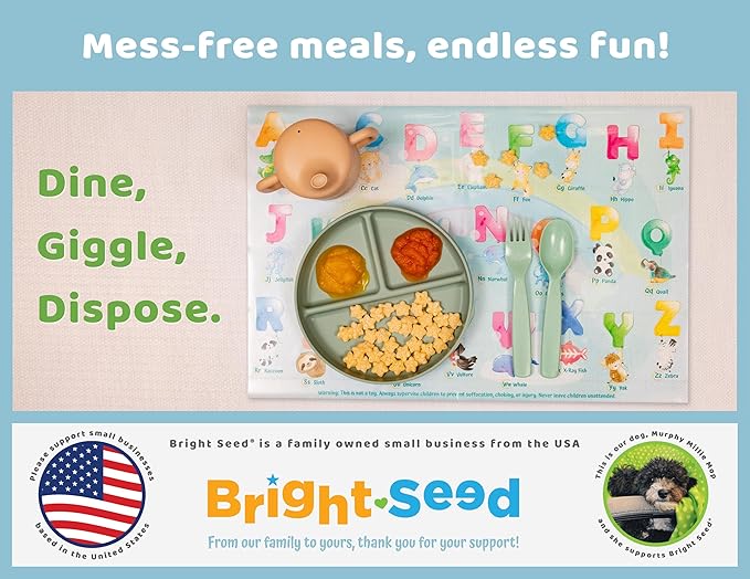 Bright Seed Disposable Placemats for Baby, Toddlers and Kids, 40 Disposable Baby Placemats for Restaurant, Dining Table & Travel, Learning Placemats for Kids, Toddler Travel, Animals ABC & Numbers