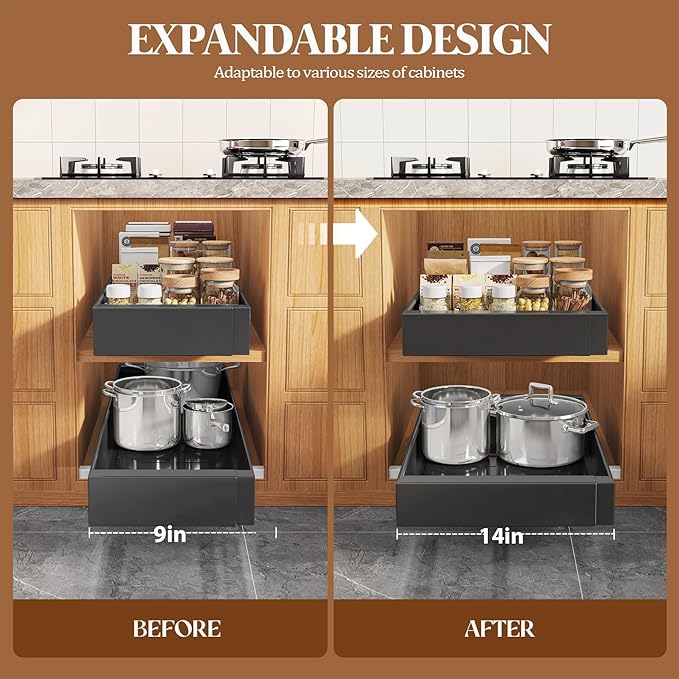 Seinloes 4 Pack Expandable Pull Out Cabinet Organizer 21" Deep With Raising Pad for Framed Cabinets,Upgrade 3 Slide Rails Slide Out Drawers,No Drill Roll Out Shelves,Adjustable Width 9"-14" Black