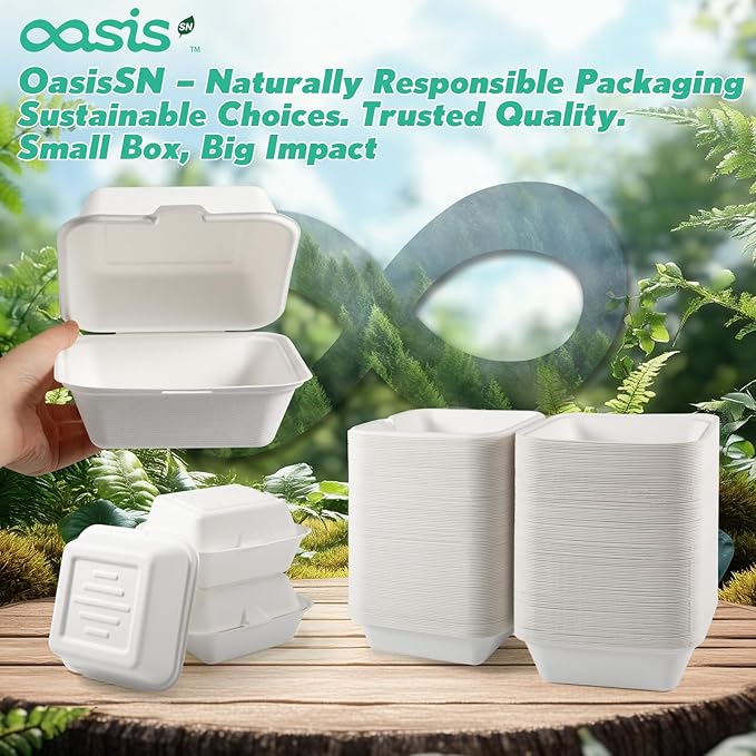 𝟲𝘅𝟲", 𝟭𝟮𝟴-𝗣𝗮𝗰𝗸 Compostable Clamshell Take Out Food Containers, Biodegradable Bagasse Paper To-Go Boxes for Burgers, Sandwiches, Eco-Friendly, Microwave & Freezer Safe (White, Small)