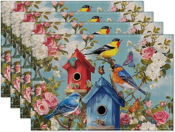 HOMETITUTE Birdhouse Art Linen Placemats Set of 4 12x18 inch Spring Table Mats for Dining Table Farmhouse Decorations Kitchen Decor Desk Mat for Outdoor Home Party Kitchen Seasonal Dining Decor