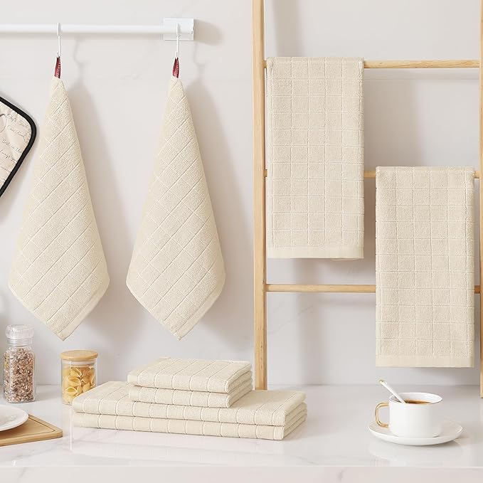 Homaxy Kitchen Towels and Dishcloths Set, 12 x 12 and 13 x 28 Inches, Set of 8 Bulk Cotton Terry Kitchen Towels Set, Checkered Designed, Soft and Super Absorbent Dish Cloths, Beige