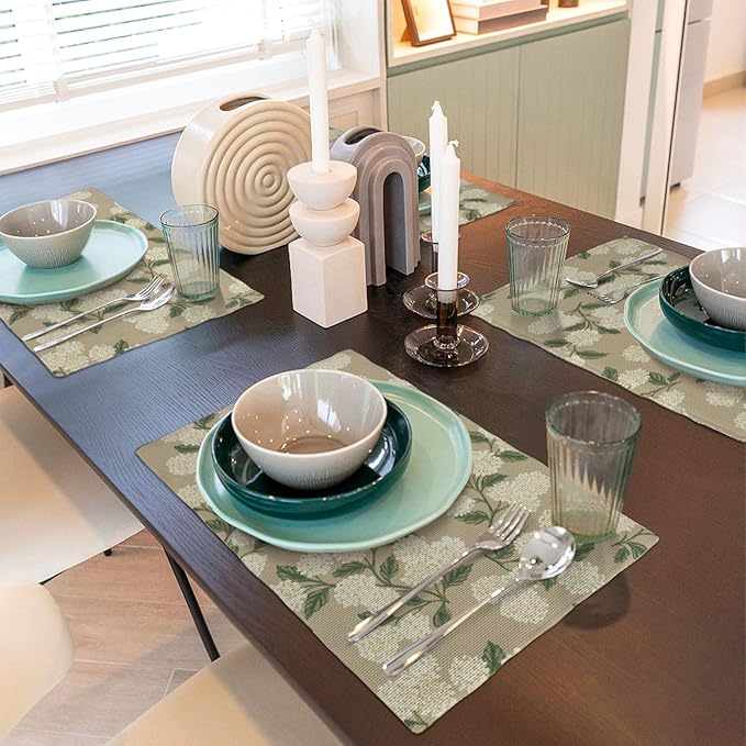 Beige Placemats Set of 4 Khaki Green Hydrangea Flower Decor Place Mats 12x18 Inch Vintage Floral Spring Summer Seasonal Decorative Linen Table Mats for Kitchen Dining Party Table Decoration