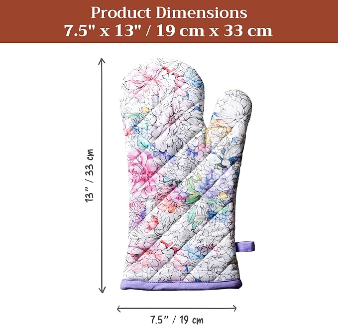 Maison d'Hermine Oven Gloves 100% Cotton Oven Mitt 7" x 13" with Loop Heat Resistant BBQ Cooking Gloves Baking Grilling Gifts for Mothers Day Spring/Summer (Pack of 1, Floral Love)