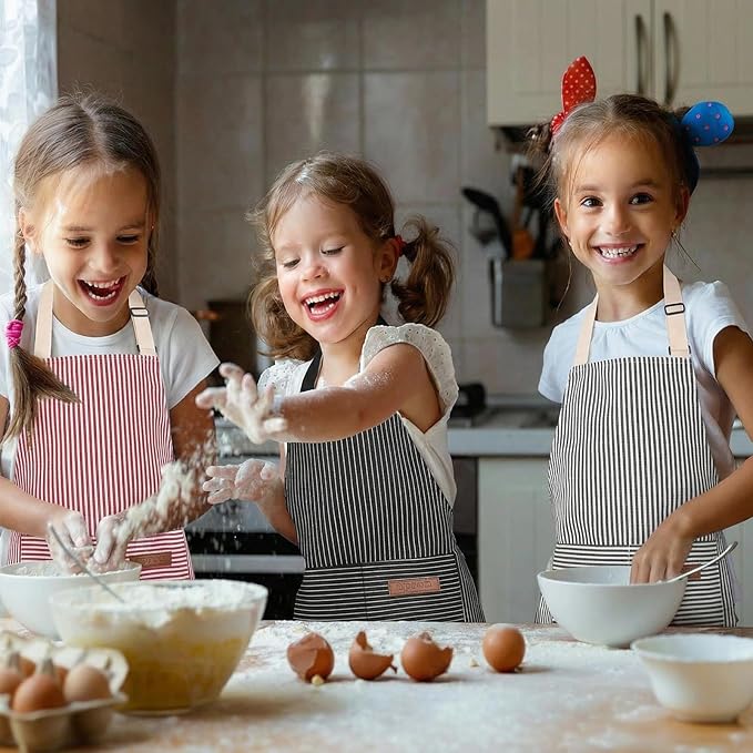 3 Pack Stripes Kids Apron, Adjustable Kids Cooking Aprons with 2 Pockets, Cute Chef Baking Aprons for Boys and Girls