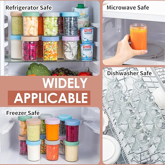 DRKIO 6 Pack Glass Baby Food Storage Containers - 8 Oz Baby Food Jars with Lids Baby Food Maker Microwave Dishwasher Freezer Safe 100% Leak Proof BPA Free Reusable