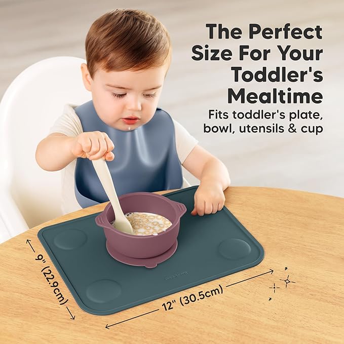 KeaBabies 2pk Silicone Placemats for Toddlers, Kids - 12x9 Non Slip Suction Baby Silicone Placemat for Restaurants, Dining Table,Travel, Easy to Clean, Food Grade/BPA-Free,Small Baby Table Mat(Rocky)