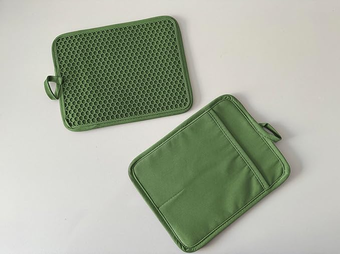 Oven Pot Holder with Pocket Cotton Heat Resistant Coaster Potholder Kitchen Hot Pad Oven Mitts for Cooking and Baking Square 7"x9" (Green, Silicone)
