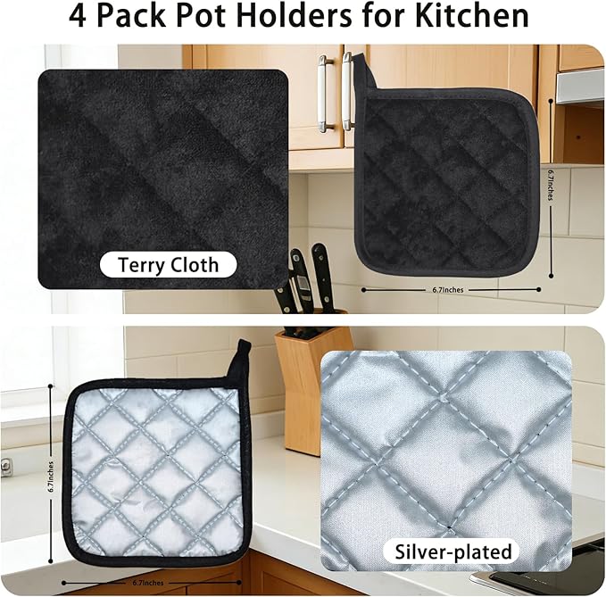 4 Pack Pot Holders for Kitchen Clearance Oven Potholders Sets for Kitchens Hot Pads for Kitchen Countertops Heat Resistant Black