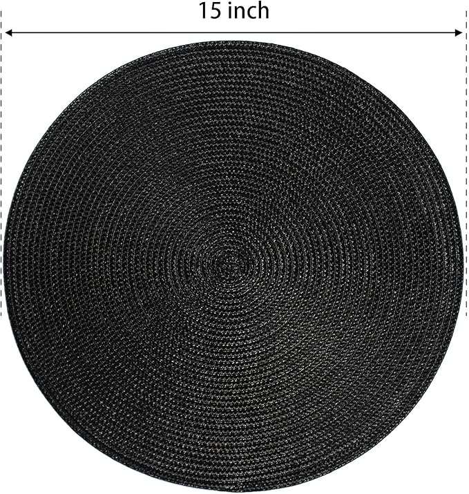FunWheat Round Braided Placemats Set of 6 Place Mats for Dining Table Woven Washable Non-Slip Table Mats 15 Inch (Black, 6pcs)
